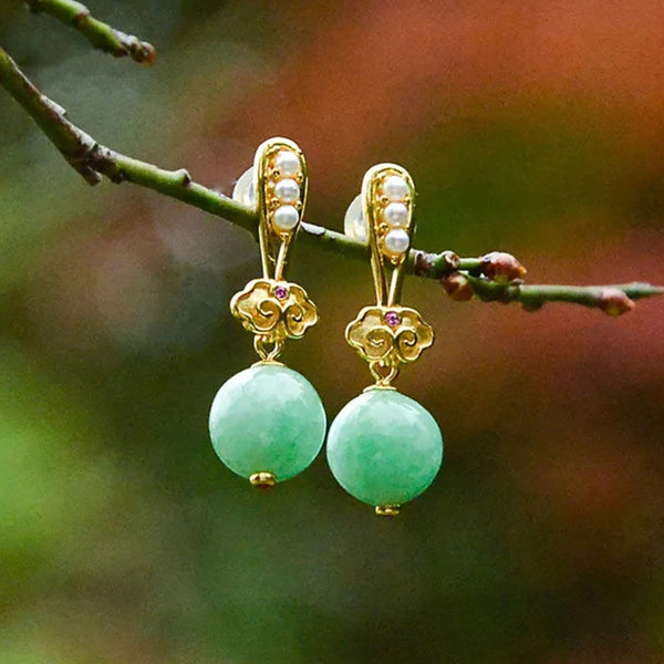 gold craft inlaid natural Hetian jade round pearl gorgeous fresh light luxury earrings