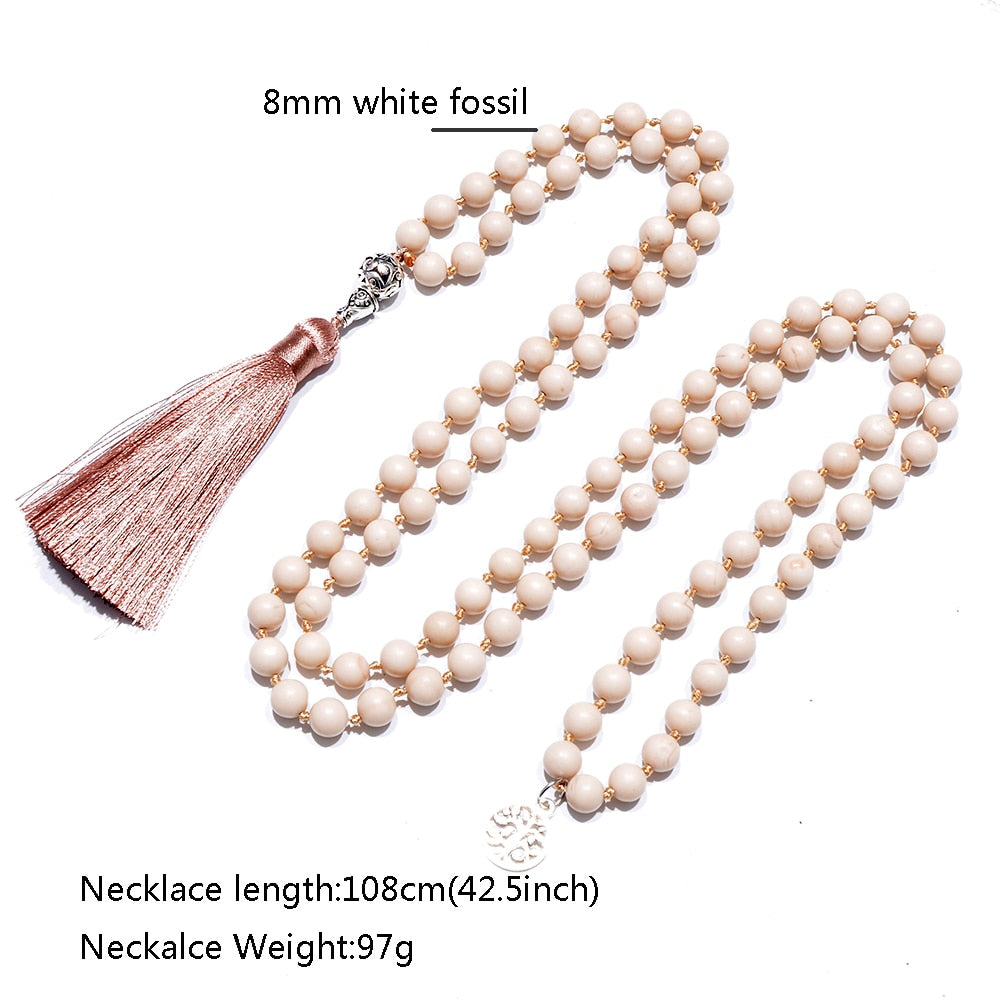 8mm White Fossil Beads Knotted 108 Mala Necklace Meditation Prayer Yoga Jewelry