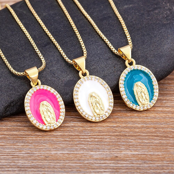 High Quality Enamel 5 Colors Round Crystal Inlay Virgin Mary Pendant Oil Drop Necklacel