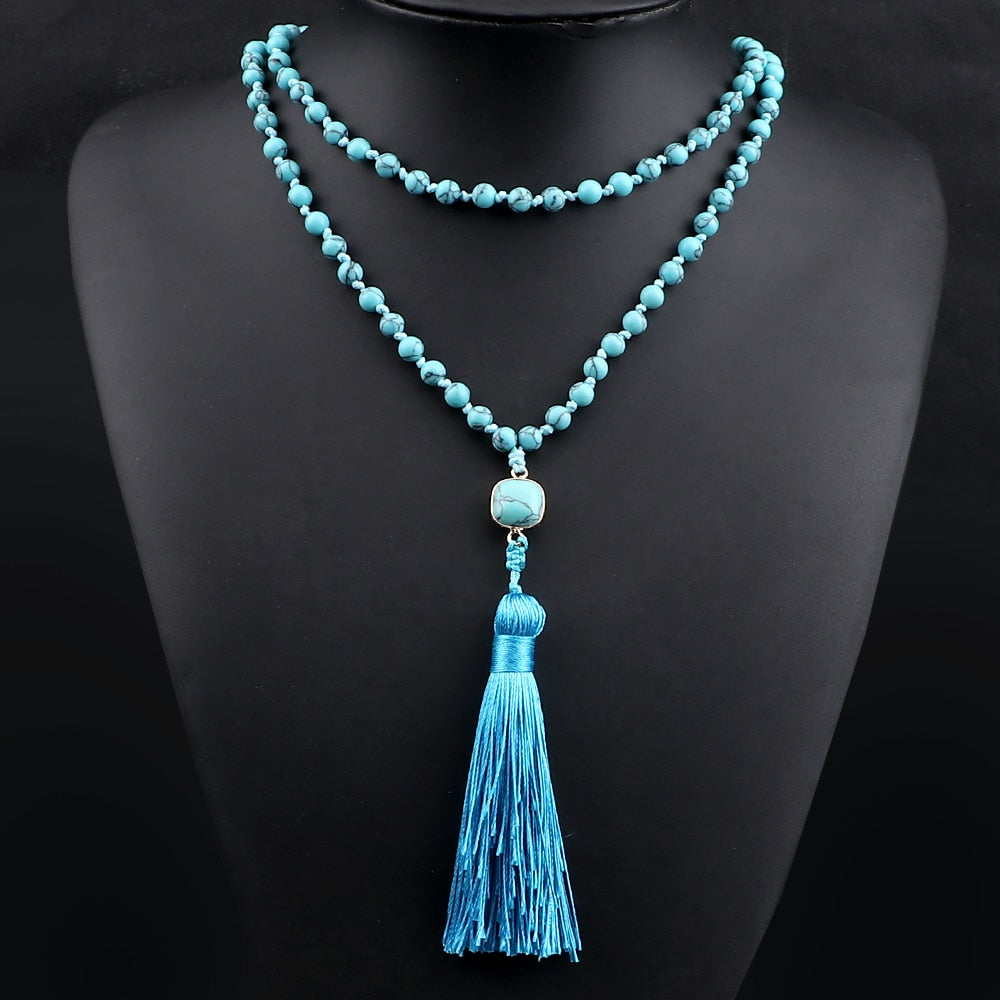 Natural Blue Pine Stone 108 Mala Beads Long Necklaces 6mm Natural Stone Pendant Women