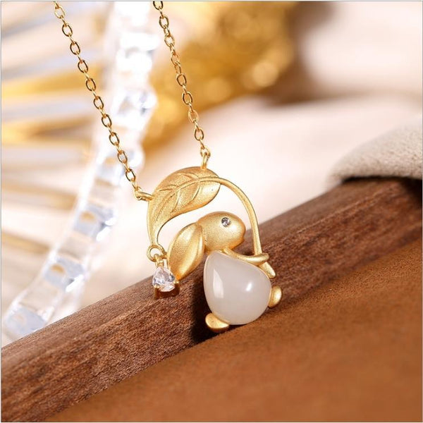 Natural Hetian White Jade Golden Branch Jade Rabbit Pendant Necklace