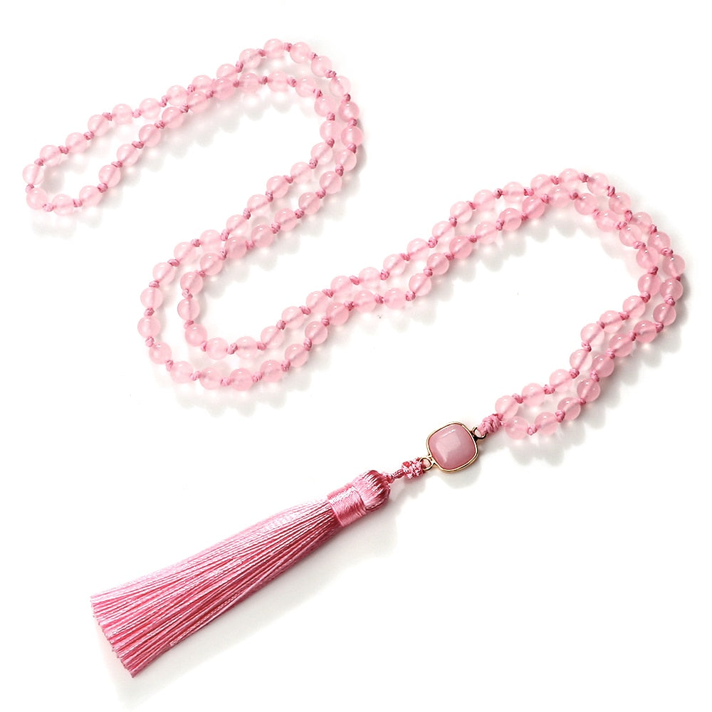 Fashion Natural Pink Chalcedony Beads Necklaces 108 Mala Beads Pendant Charm Women