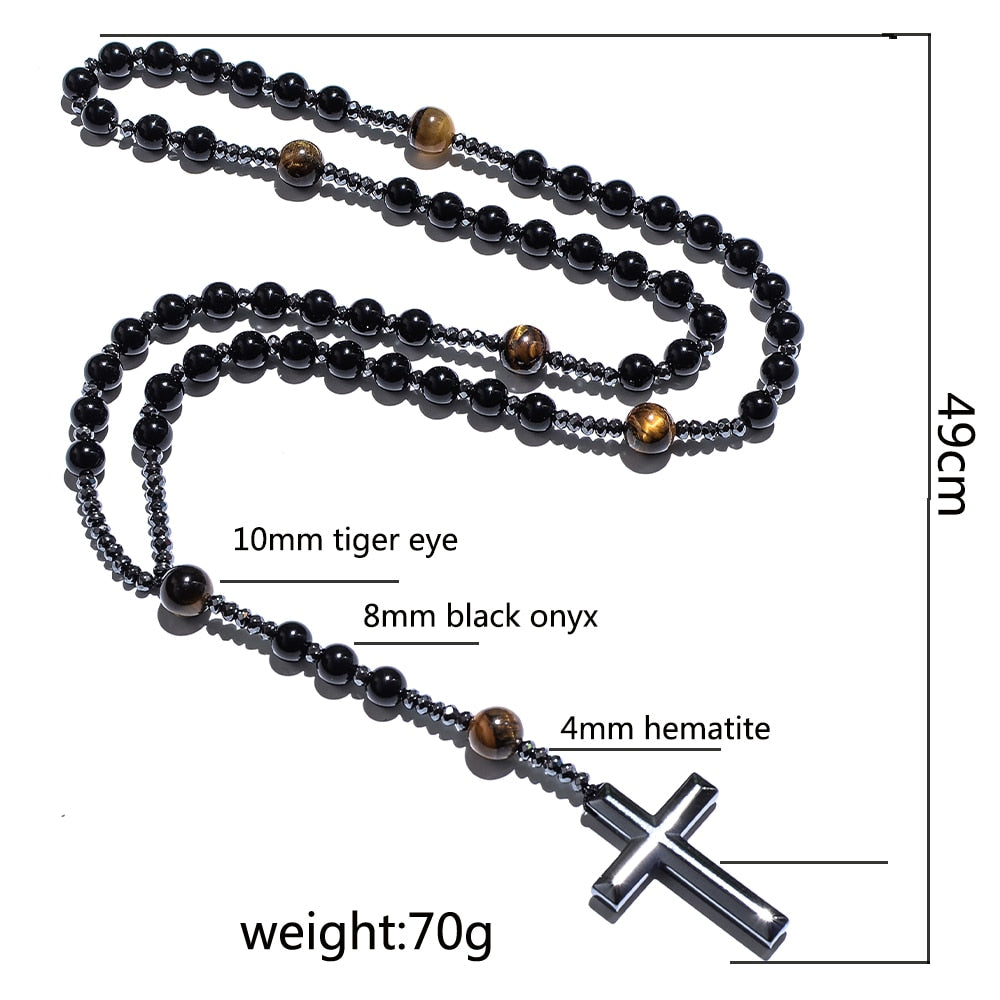 8mm Natural Stone Bead Hematite Cross Pendant For Men Women