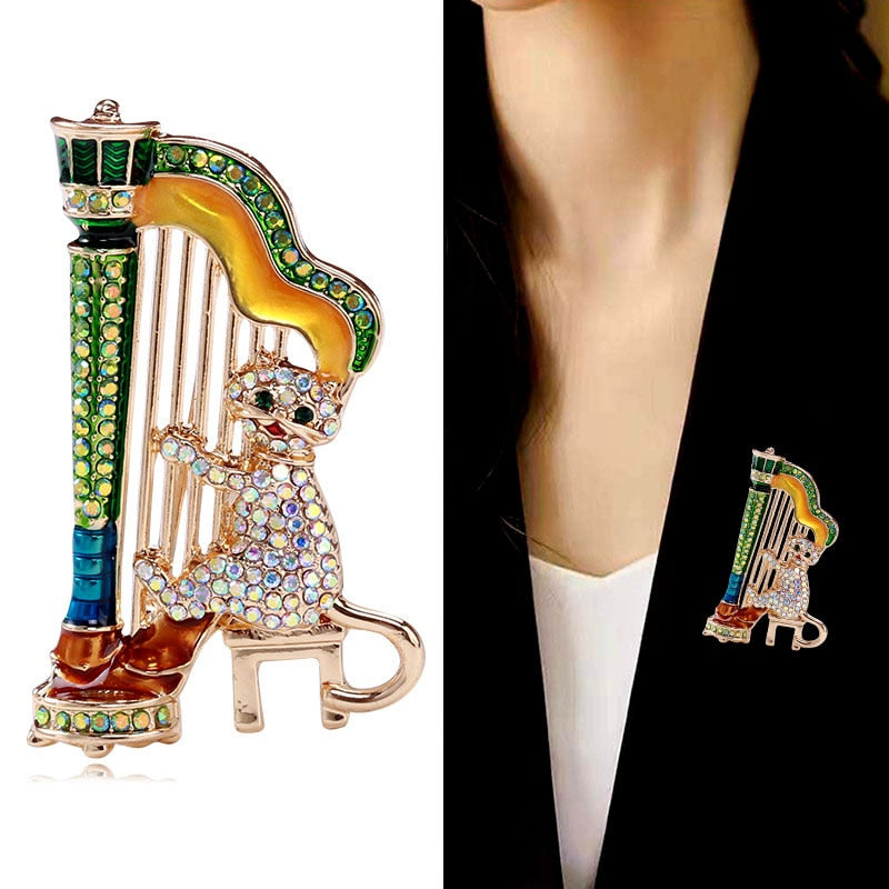 Playing Harp Cat Brooch Cute Funny Cartoon Pin Animal Design Jewelry