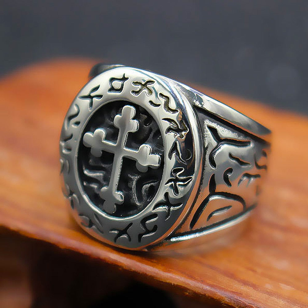 Classic Lorraine Cross Ring For Men Retro Orthodox 316L Stainless Steel Cross Signet Rune Ring