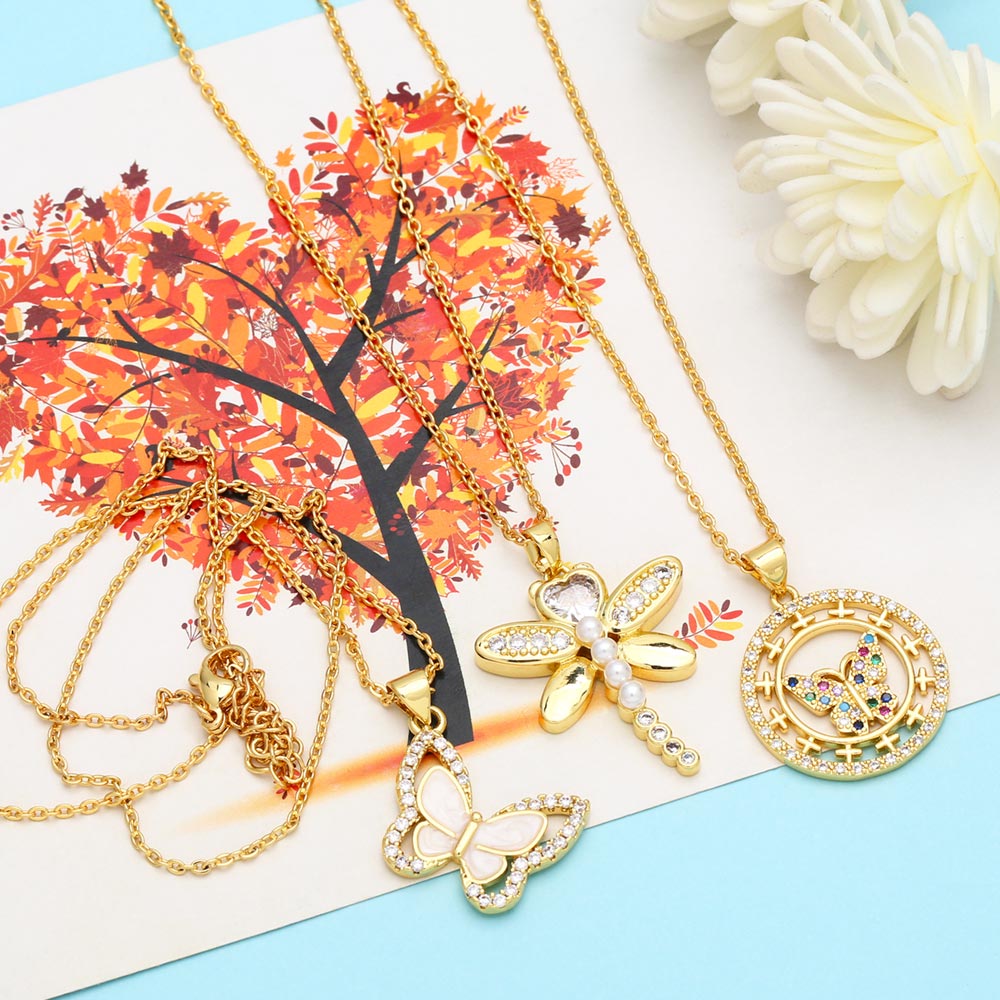 Copper Gold Plated Butterfly Necklaces for Women Multicolor CZ Rhinestone Dragonfly Necklace