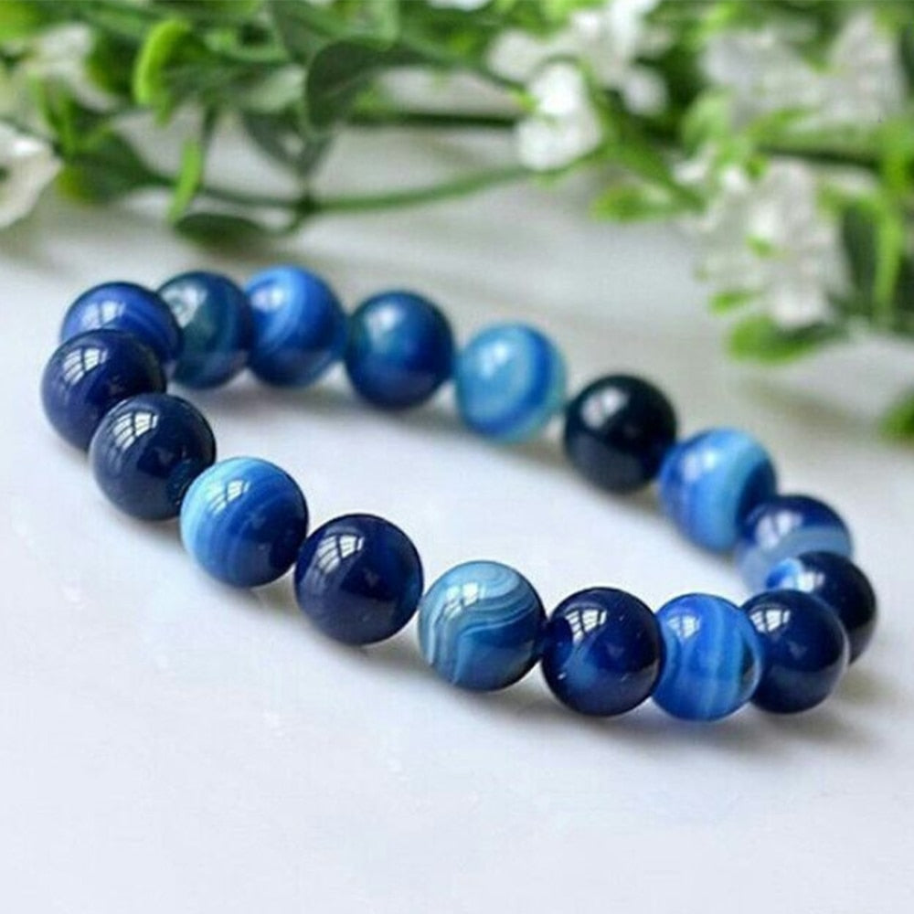 Blue Striped Agate Beads Stretch Bracelet