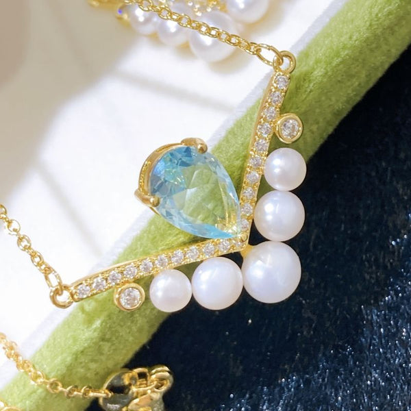 Fashion Natural Freshwater Pearls With Topaz Gemstones Gold Filled Necklace