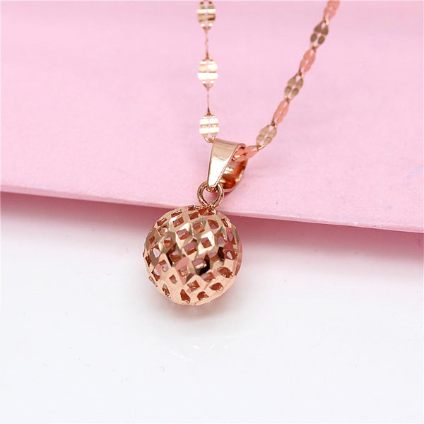 585 Purple Gold Hollow Bead Necklace Plated 14K Rose Gold Simple Pendant