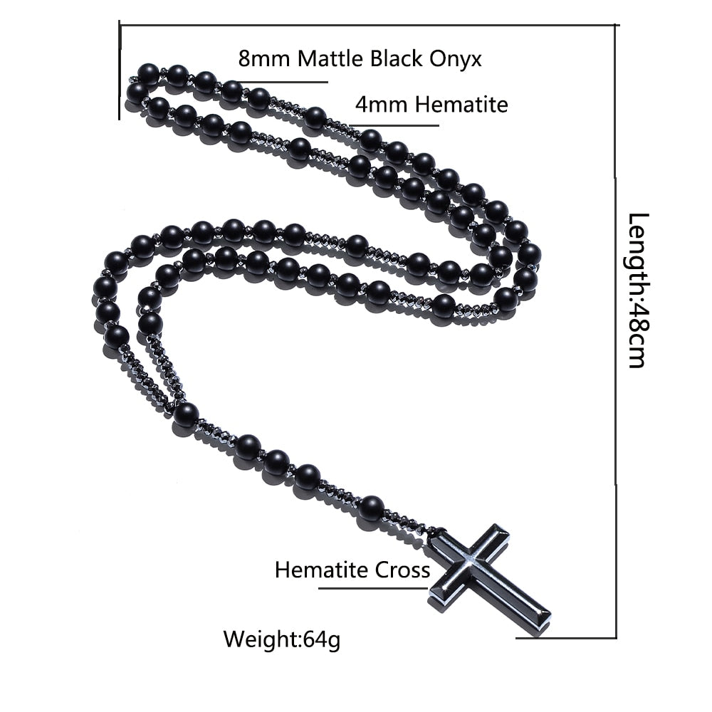 8mm Natural Stone Bead Hematite Cross Pendant For Men Women