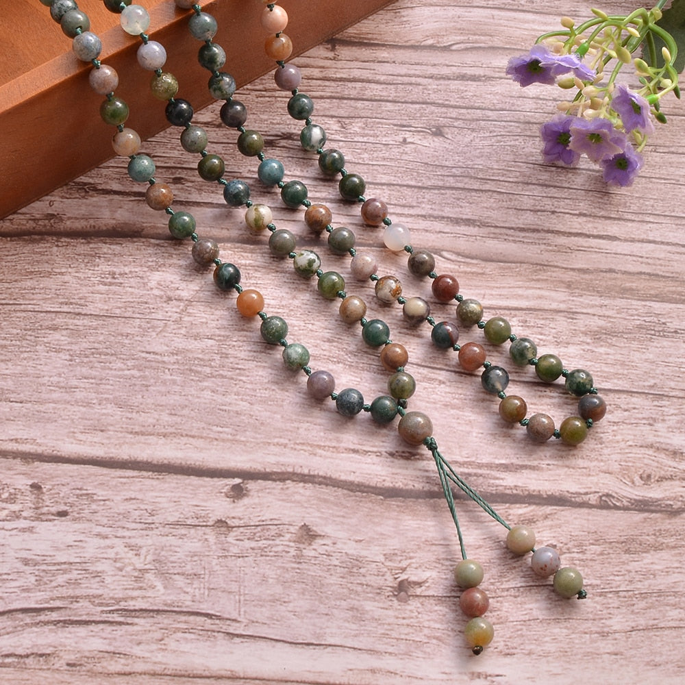 8mm Indian Agate Knotted 108 Mala Prayer Bead Necklace