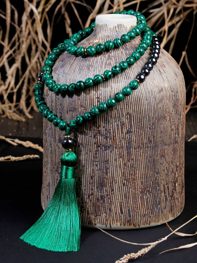 108 malachite stone beads Necklace With Cotton tassel Pendant