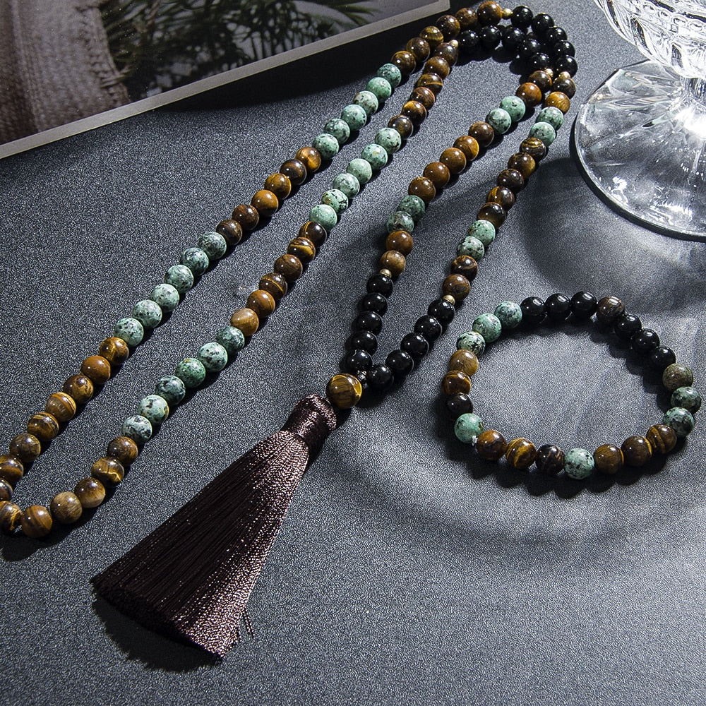 8mm Natural Tiger Eye African Turquoise Black Onyx Beaded Japamala Necklace