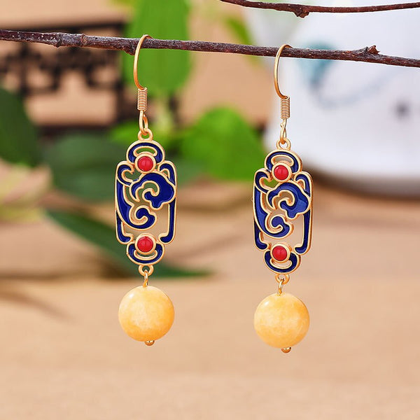 Natural beeswax yellow round bead Eardrop Chinese style enamel auspicious cloud earings