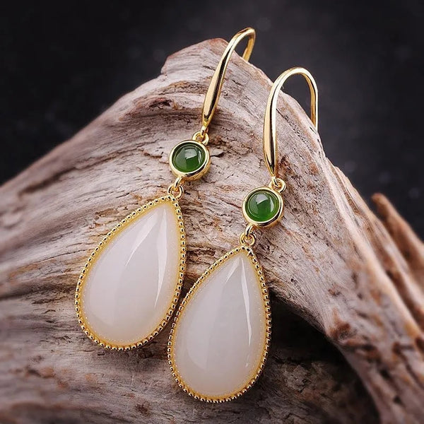 Natural Hetian white jade drop-shaped earrings