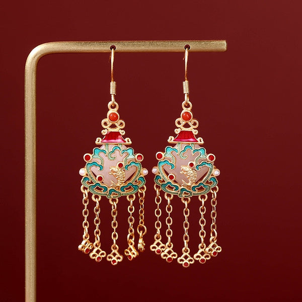 Natural Hetian jade enamel porcelain tassel fish-shaped earrings for women