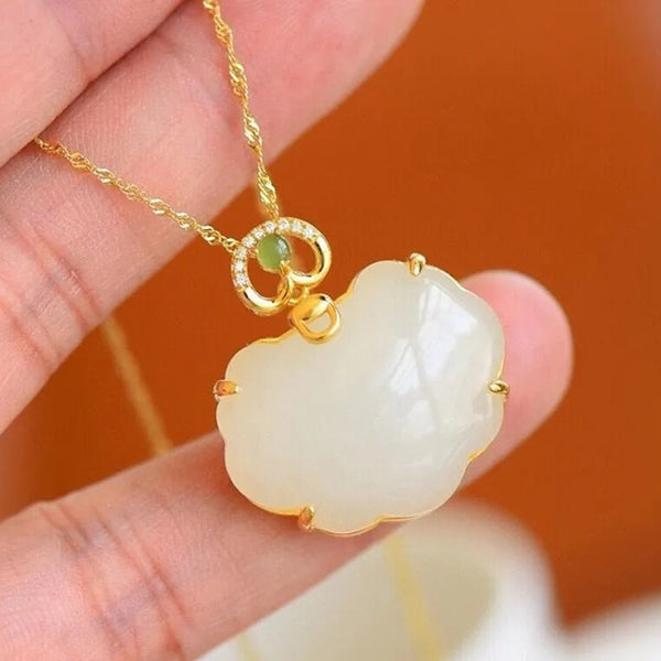 Natural Hetian Jade Cloud Peace Lock Necklace Pendant