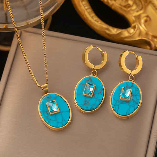 Luxury Jewelry Set 18K Gold Plated for Women LadyTurquoise Pendant Necklaces Earrings