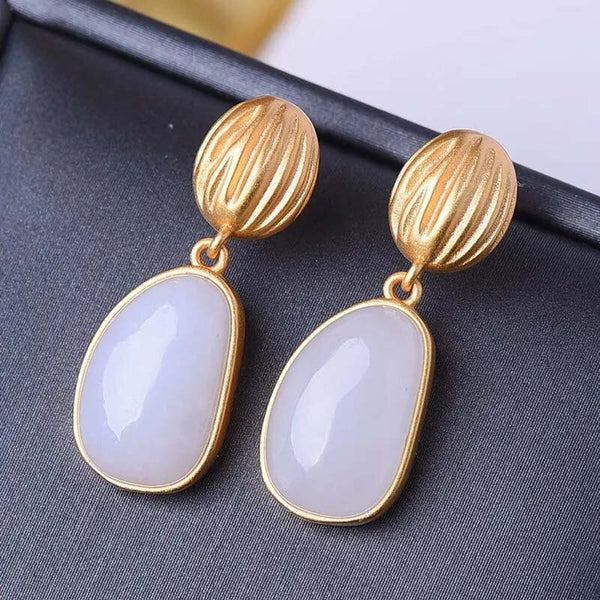 Natural Hetian White Jade Oval Irregular Women Earrings