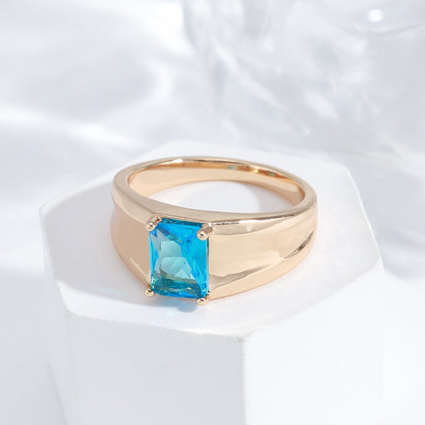 Simple Wide Face Smooth Metal Square Blue Zircon Rings For Women