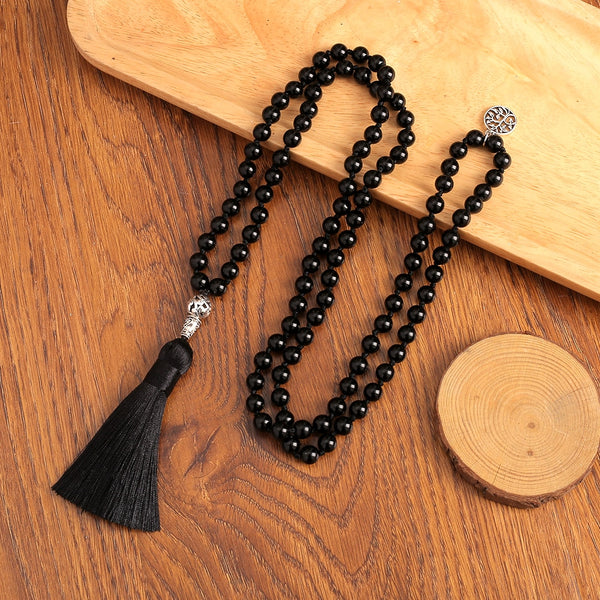 108 Mala Beads Necklace Black Onyx 8MM Rosary Meditation Jewelry Japamala Tassel Necklace