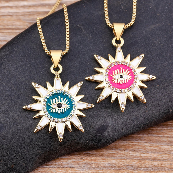 Light Luxury Enamel Rainbow Sun Totem Crystal Inlaid Evil Eye Pendant Oil Dripping Necklace