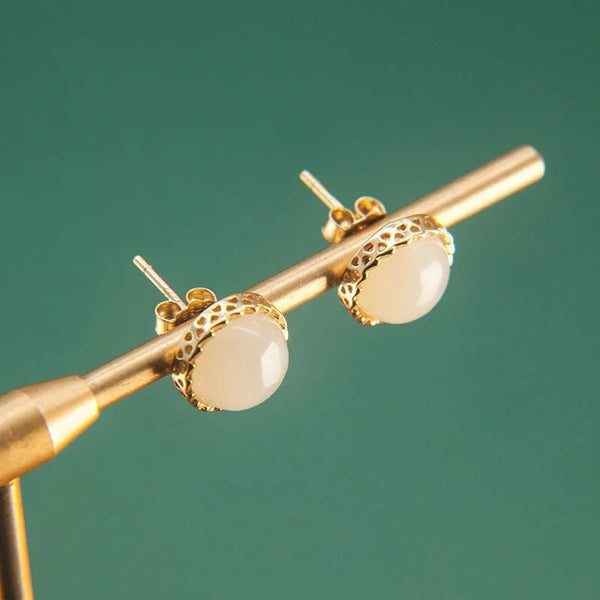 Natural Hetian white jade round earrings for women