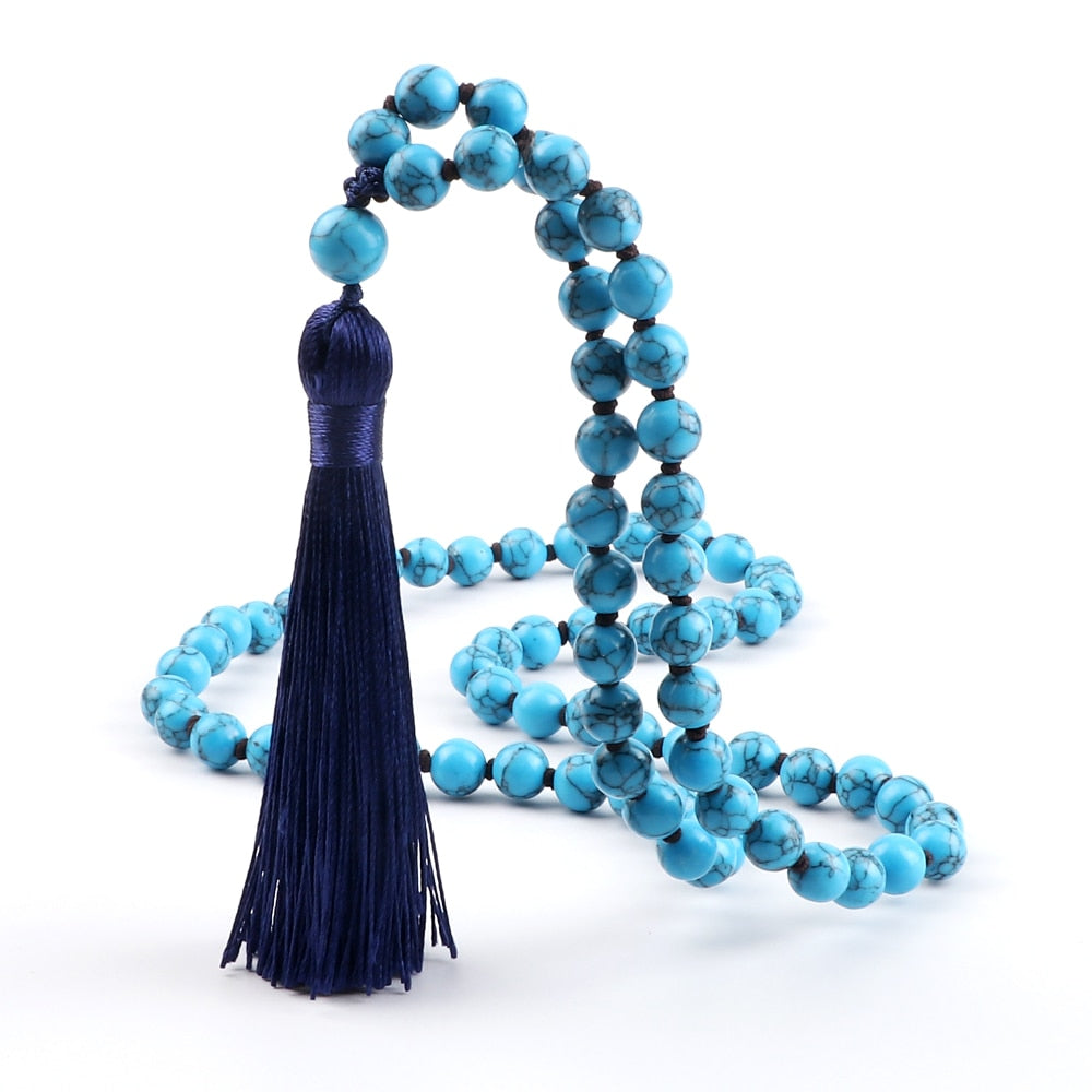 108 Mala Beads Necklace Women Natural Blue Pine Stone Beaded Knotted Tassel Pendant Long Necklace