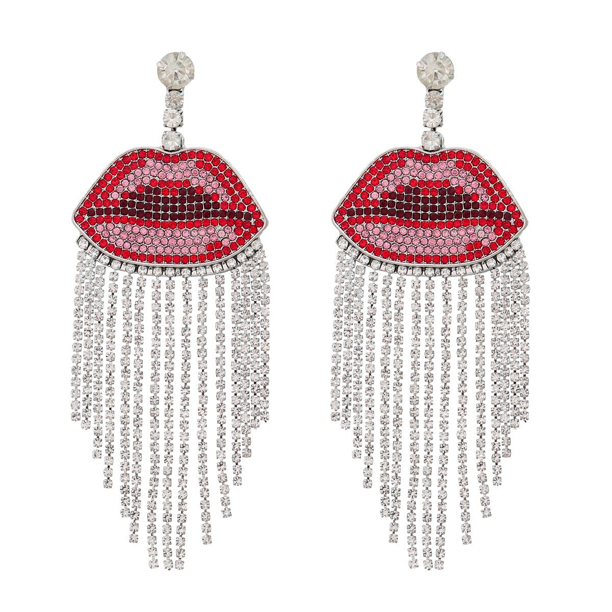 Fashion Metal Rhinestone Lip Tassel Earrings Women