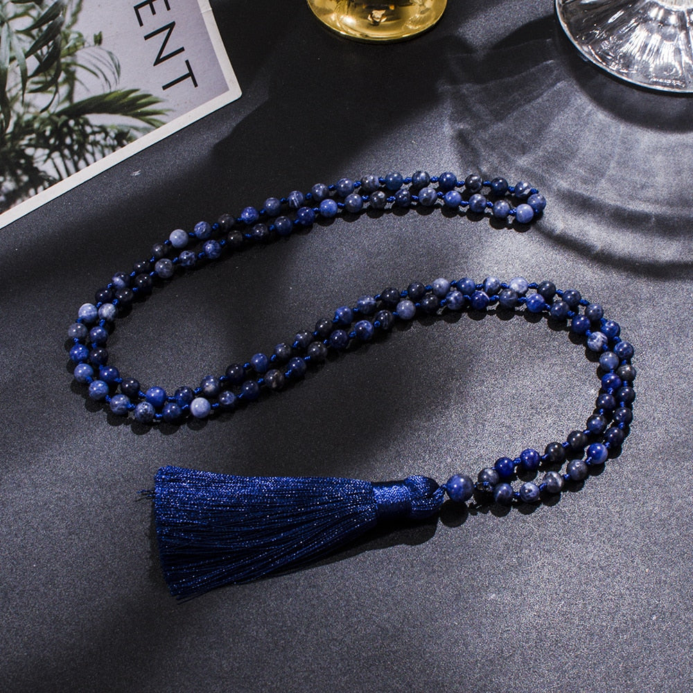 6mm Natural Sodalite Beaded Knotted 108 Mala Necklace