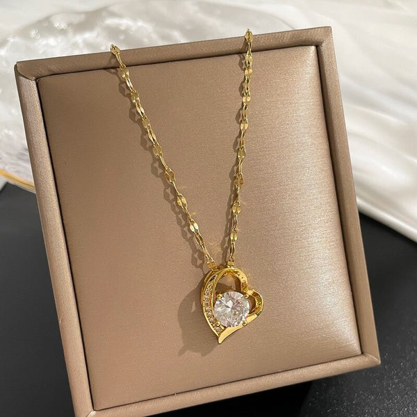 Sweet Heart Zircon Crystal Pendant Clavicle Chain Necklace For Women