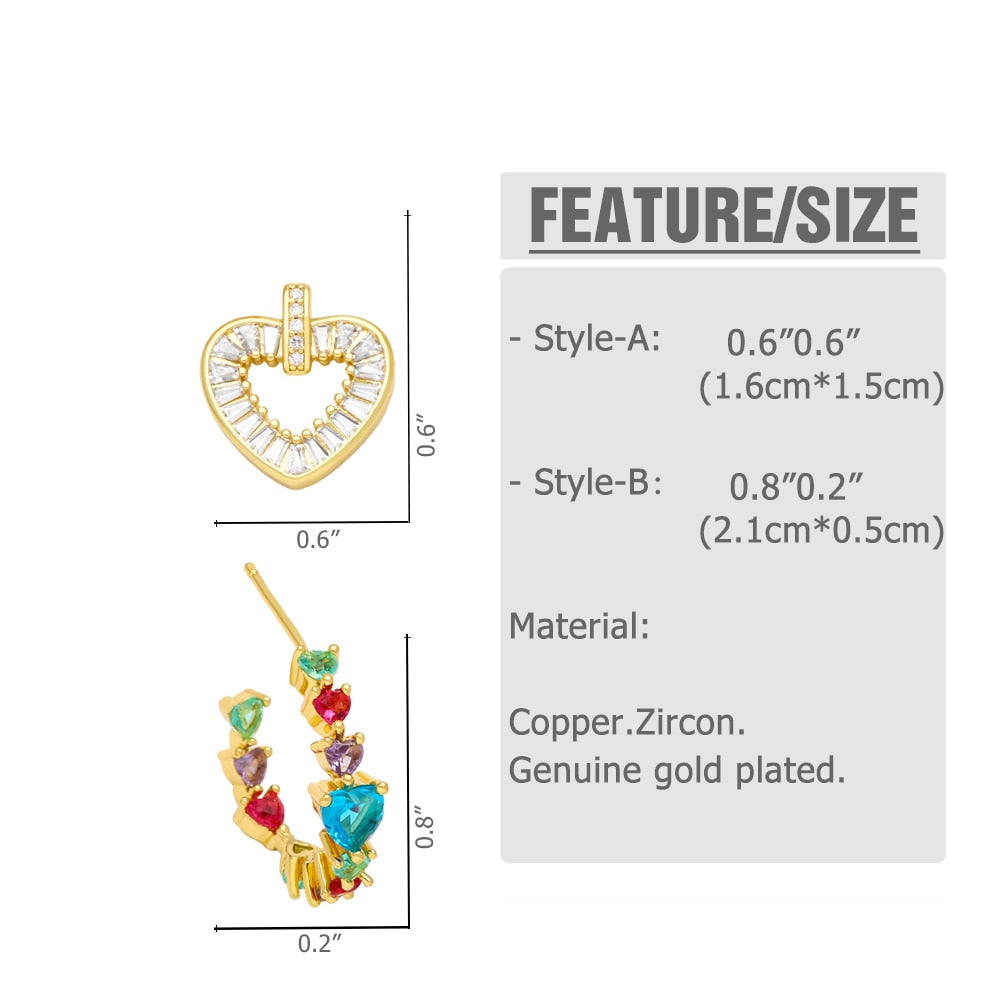 CZ Rhinestone Heart Stud Earrings for Women Copper Gold Plated Hoops Rainbow Crystal Earrings