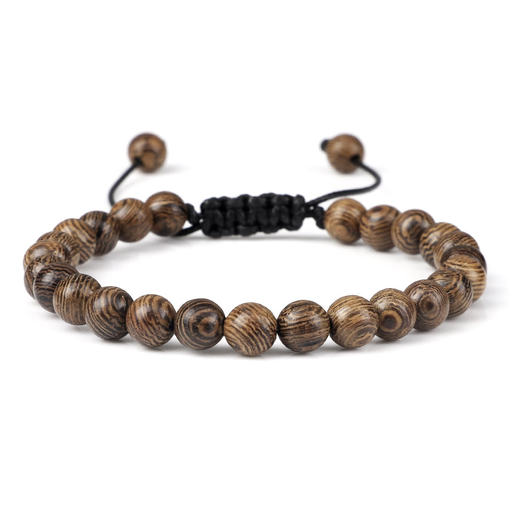 Vintage Men Bracelet 6 8 10 12mm Natural Wood Bead Tibetan Buddha Bracelet