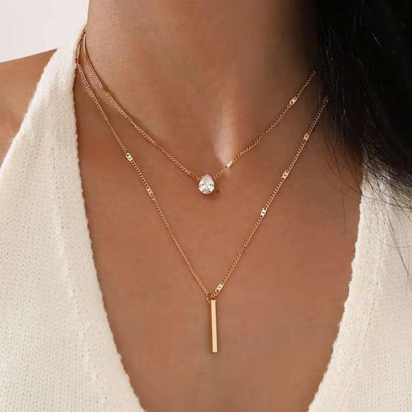 Stainless steel multilayer AAA Zircon Charm double drop necklace