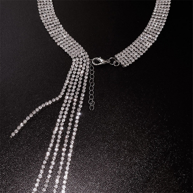 Shine Full Rhinestones Choker Necklaces for Women Long Tassel Crystal Necklaces