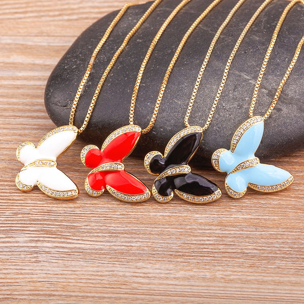 Ins Trendy Color Enamel Butterfly Cubic Zirconia Drop Oil Necklace Women