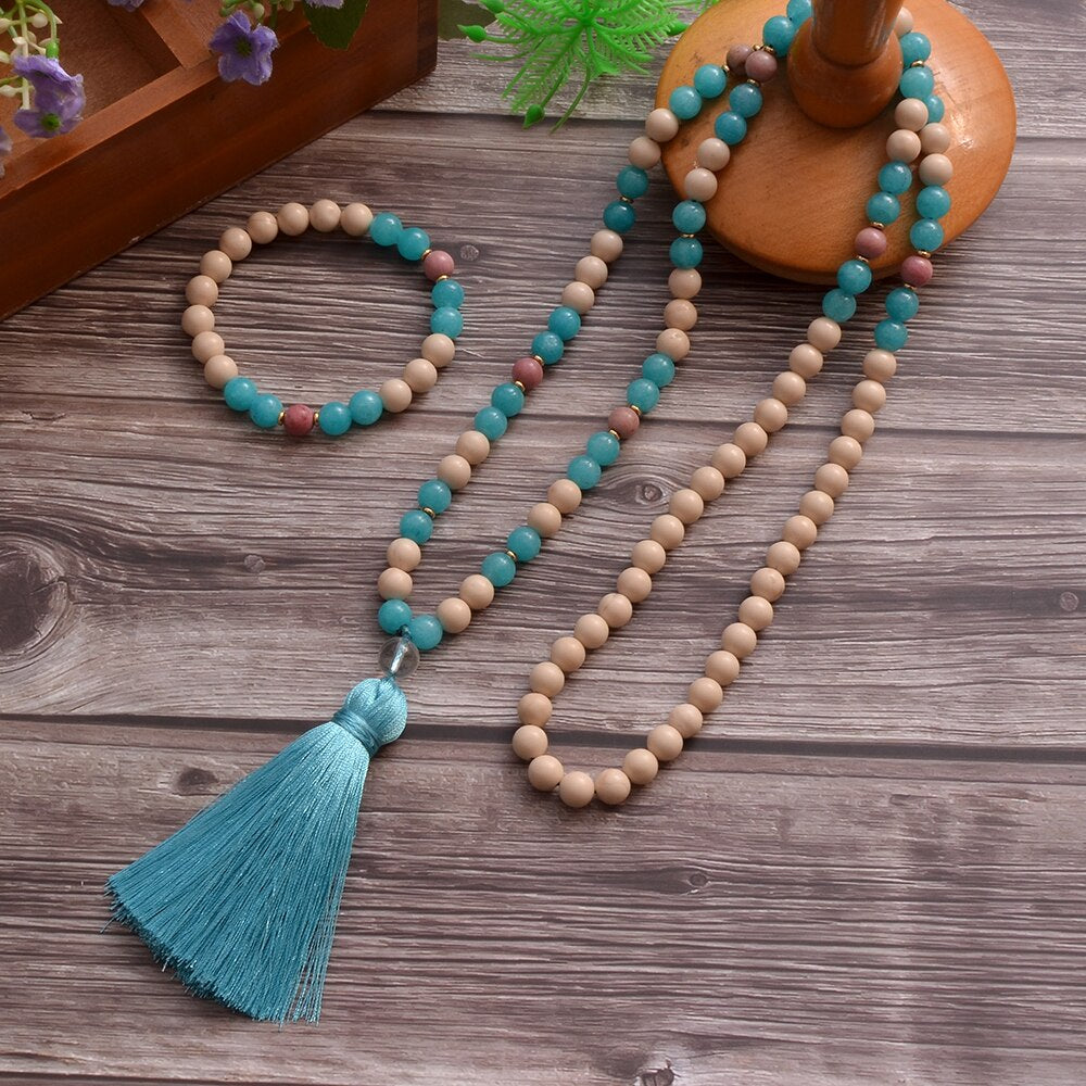 8mm White Fossil Aquamarine Beads108 Mala Necklace Bracelet Japamala Set