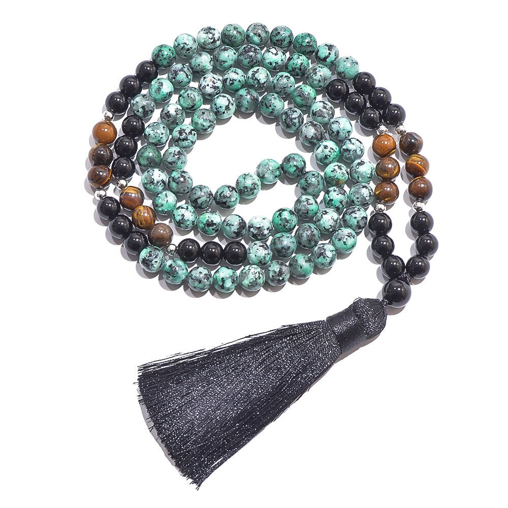 8mm African Turquoise Black Onyx Tiger Eye Beads Necklace Bracelet Japamala Set