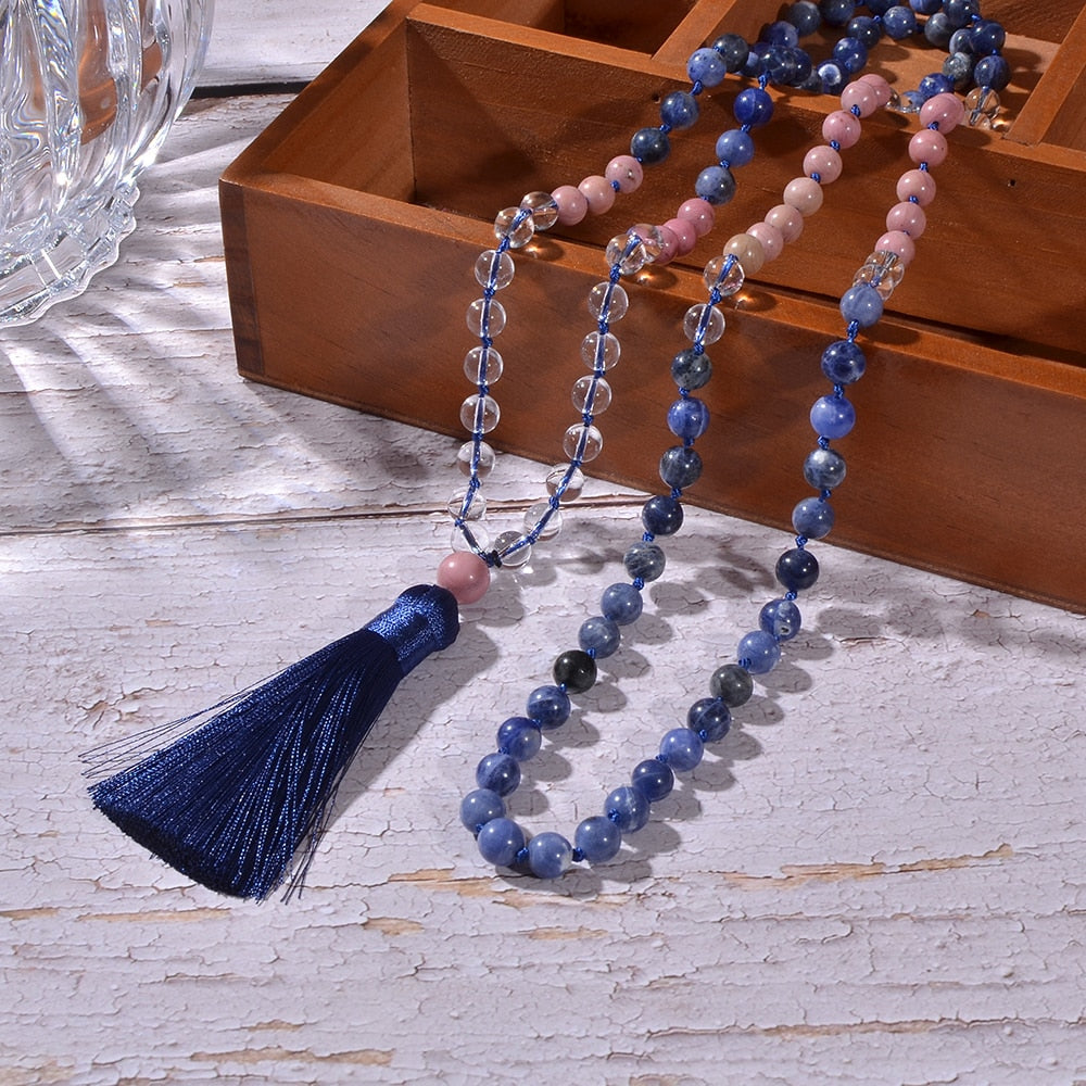 8mm Sodalite Rhodolite Beads Knotted 108 Mala Necklace