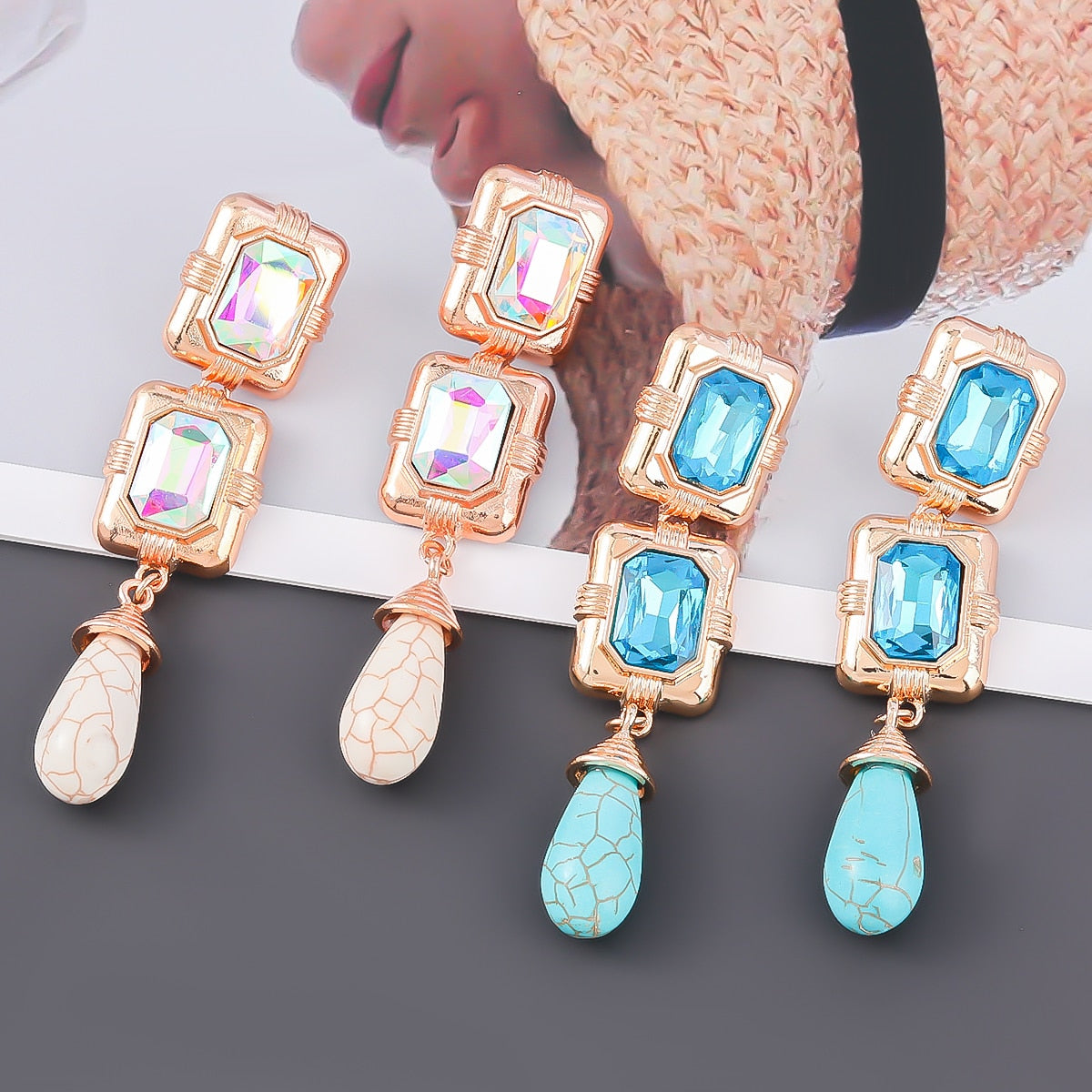 Fashion Metal Square Stone Geometric Earrings Women