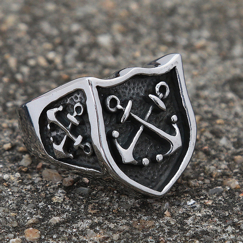 Vintage Men Viking Anchor Ring Unique Pirate Shield Anchor Biker Ring