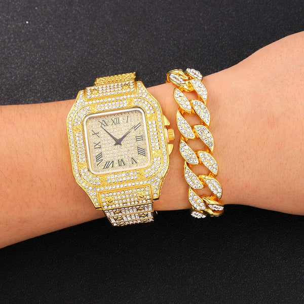 Watch for Women Men Luxury Hip Hop Full Iced Out Gold Watches with Cuban Chain