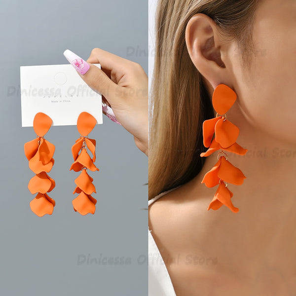 Elegant Fashion Long Petal Flower Hanging Earrings For Women