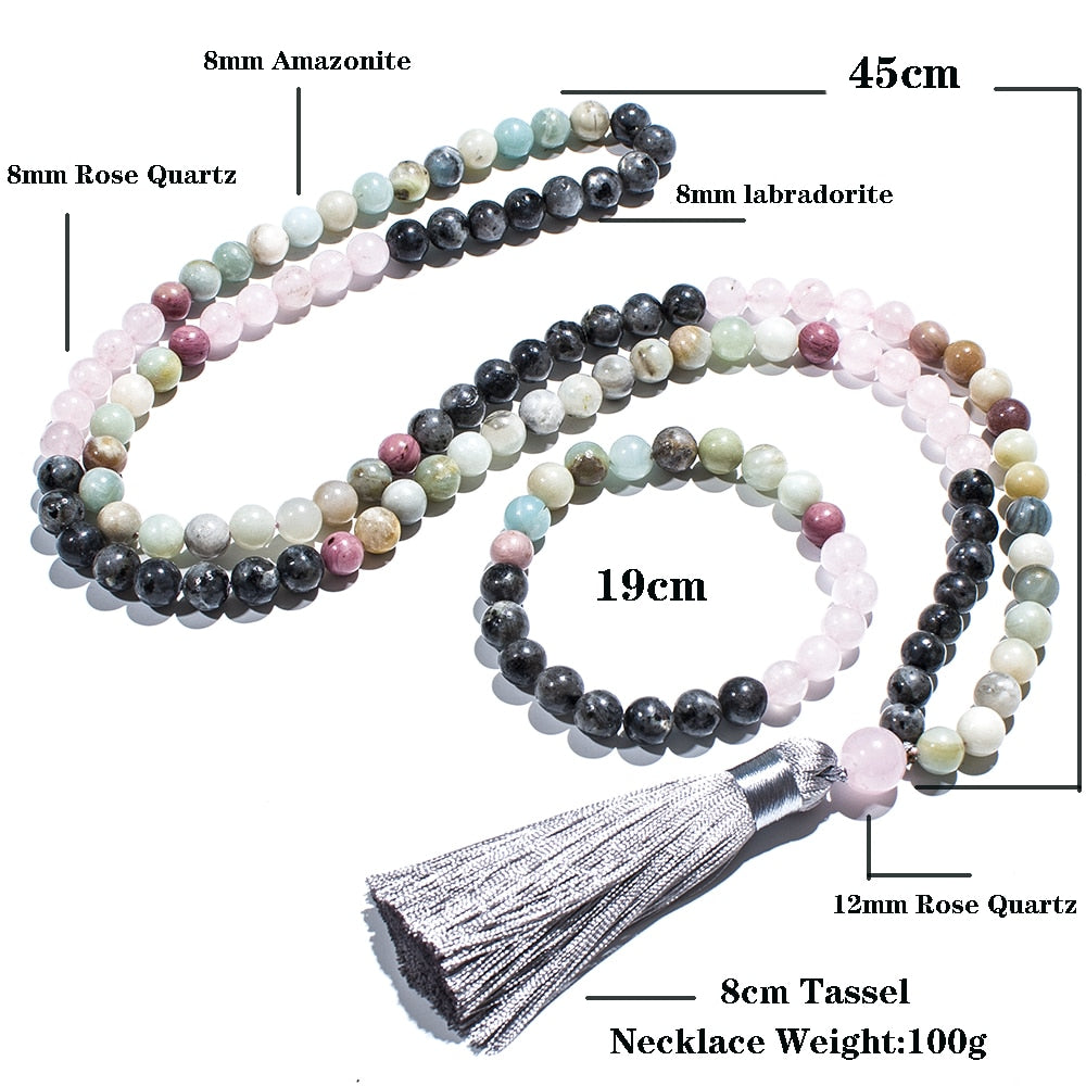 8mm Amazonite Rose Quartz Labradorite Beaded 108 Mala Necklace Set