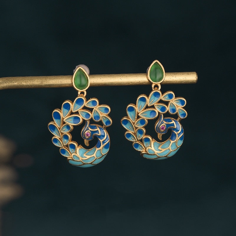 enamel porcelain peacock earrings for women