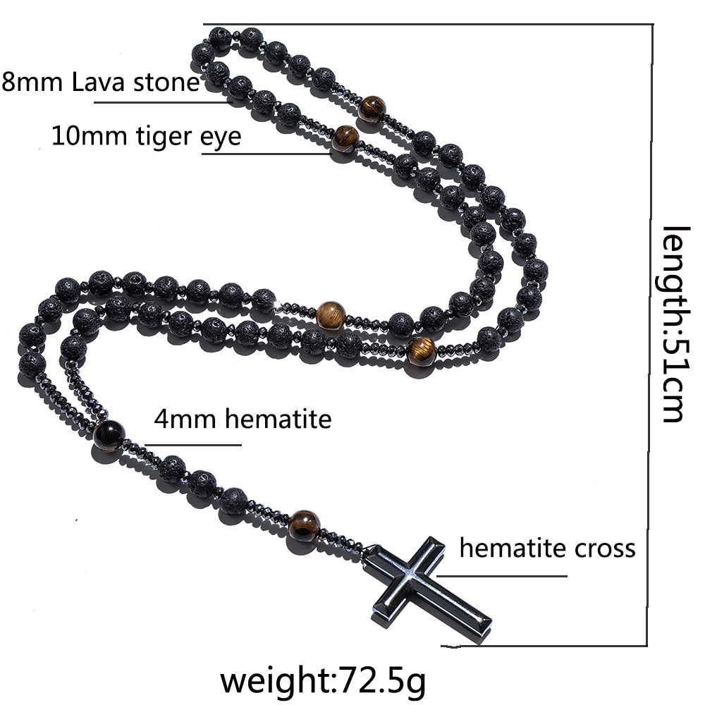 8mm Natural Stone Bead Hematite Cross Pendant For Men Women