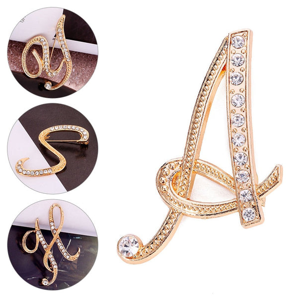 Women Men A-Z Letter Brooch Rhinestones Crystal Gold Color English Alphabet Metal Pins Cute Jewelry