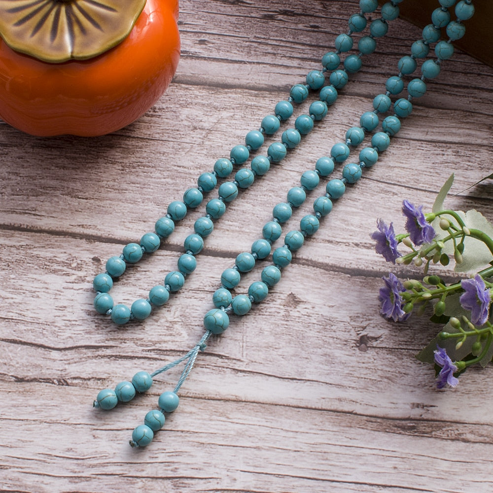 8mm Blue Turquoise Knotted 108 Mala Prayer Bead Necklace