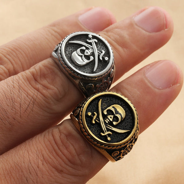 Vintage Viking Stamp Double Knife Skull Ring Men Gold/Silver Color Stainless Steel Compass Ring