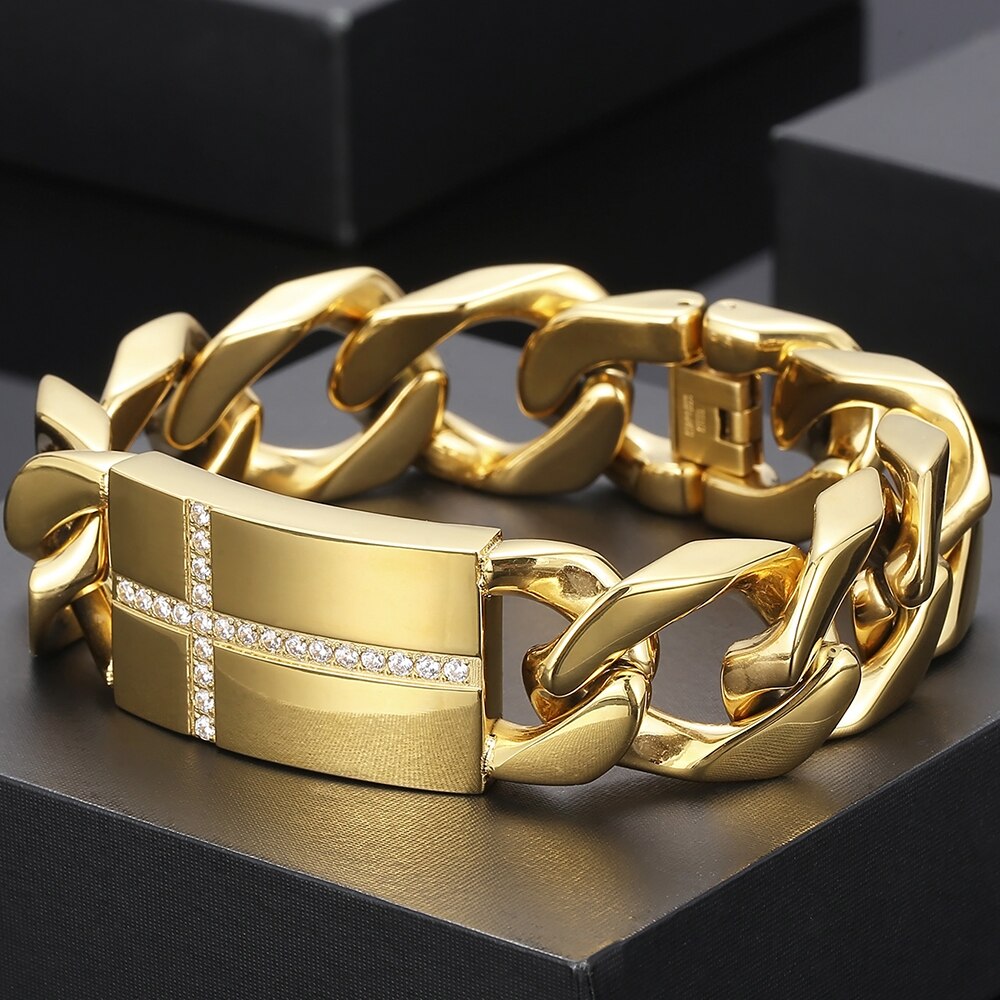 Luxury Gold Plated Stainless Steel Cross Bracelet For Men